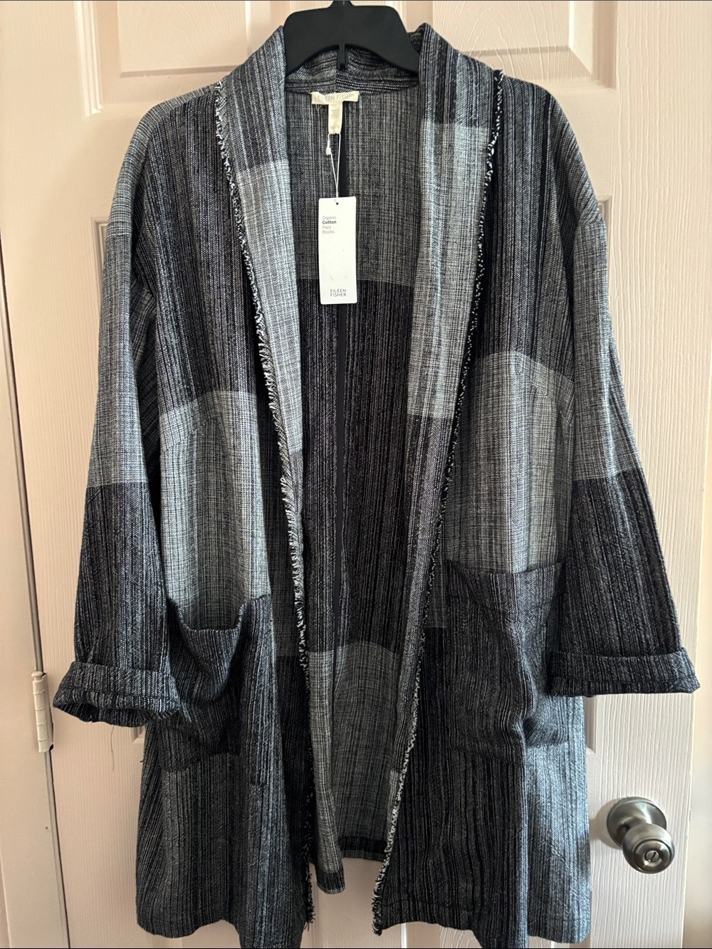 Eileen Fisher Black and Gray Open Front Textured long cardigan duster